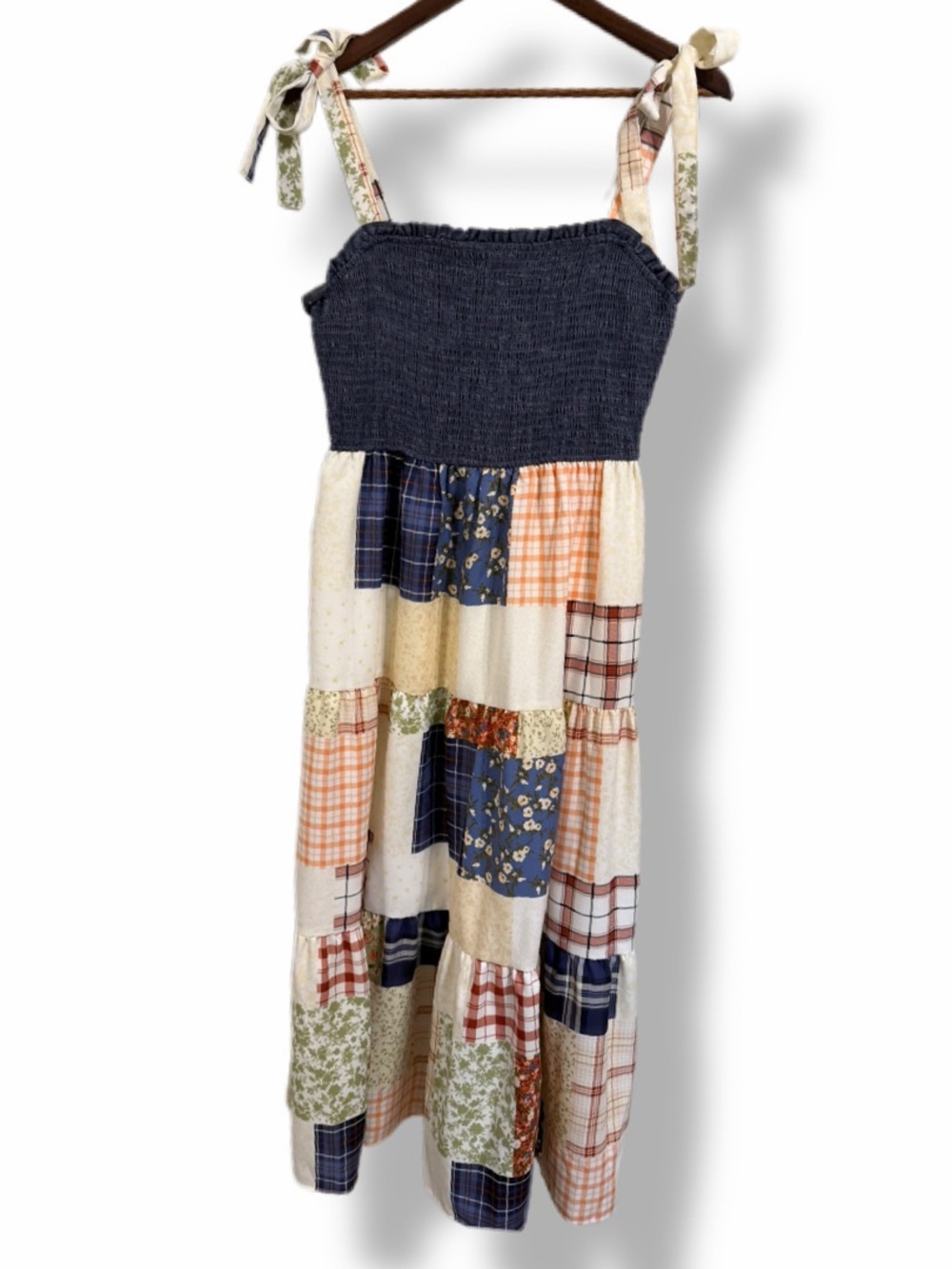 Blu Pepper Patchwork Maxi Dress L Smocked Tie Strap Cottagecore Prairie